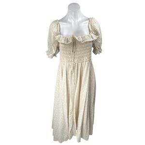 R.Yiposha Beige Short Puff Sleeve Smocked Ruffle Tie Swiss Dot Midi Dress 12/14